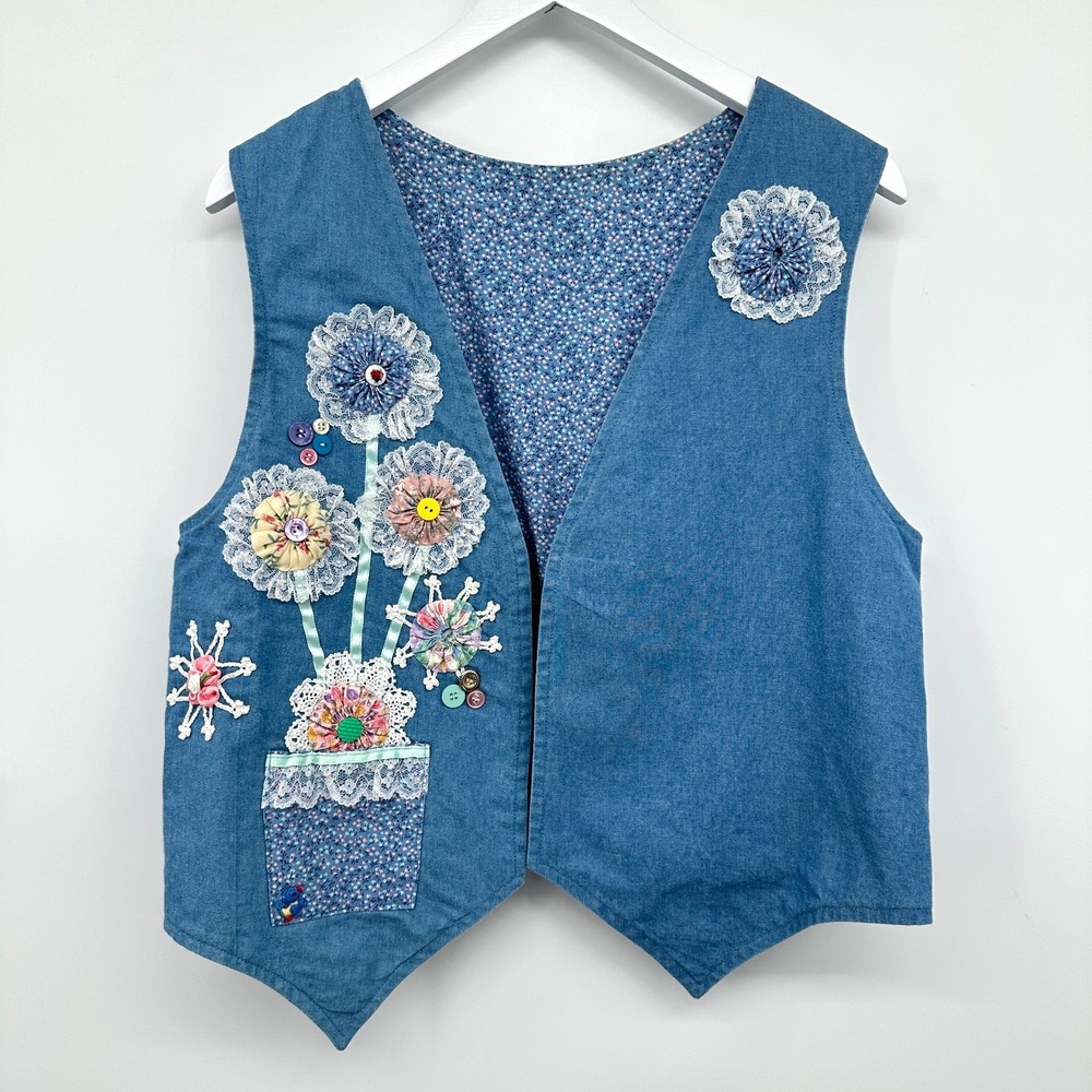 Vintage Handmade Vest Topper Size M‎ L Floral Denim Grandmacore Boho Cottagecore